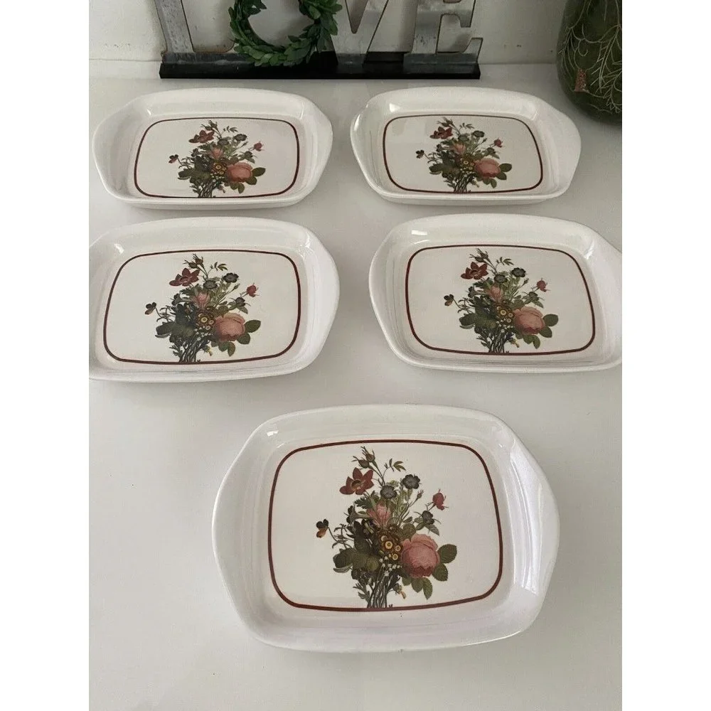 Vintage Set of Five 5 Mini Trays Or Plates Flowered Ceramic Glass  7